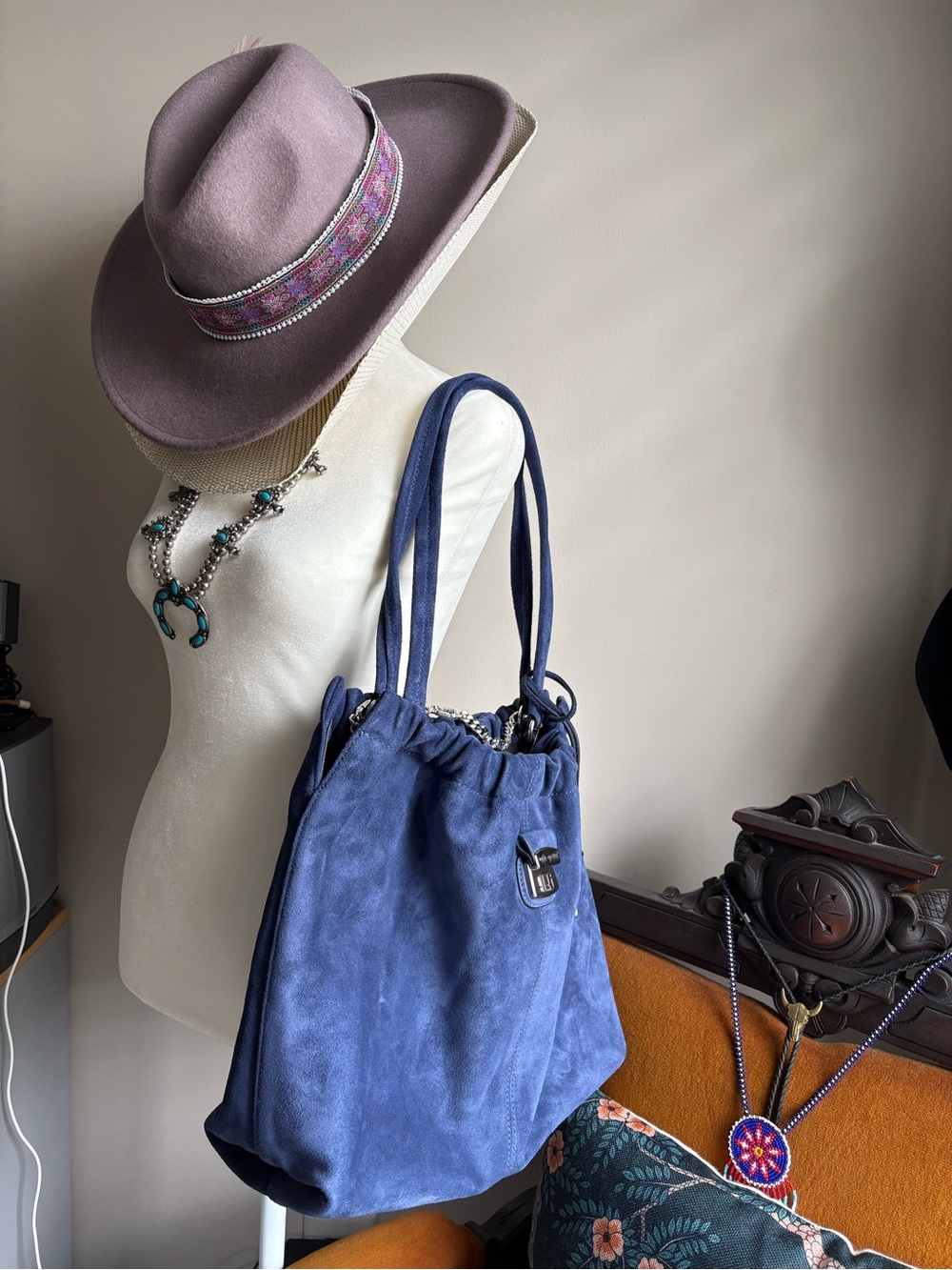 Blue Suede Drawstring Tote Bag